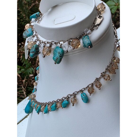 925 Sterling Silver Turquoise & Swarovski Crystal Necklace Bracelet Set - Picture 1 of 15